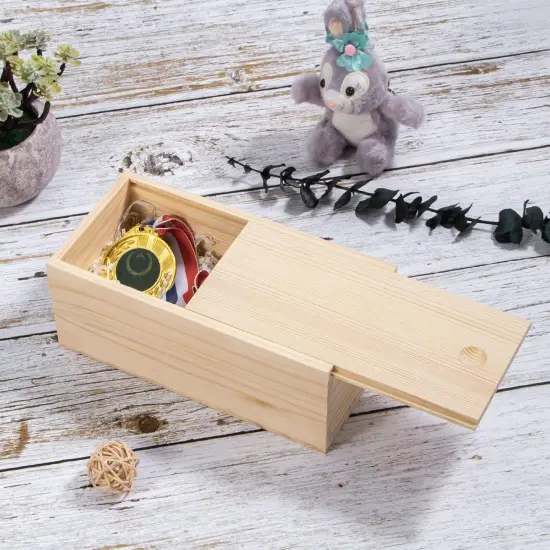 Unfinished Wooden Storage Box with Sliding Lid, 7.8'' x 3.9'' x 3.1'' Keepsake Box, Rustic Wood Gift Boxes for Art Hobbies, DIY Lovers, Desk Organizers and Christmas Decorations {4}