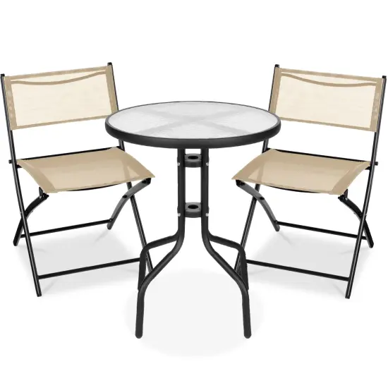 Best Choice Products 3-Piece Patio Bistro Dining Furniture Set w/ Round Textured Glass Tabletop, Folding Chairs Beige {1}