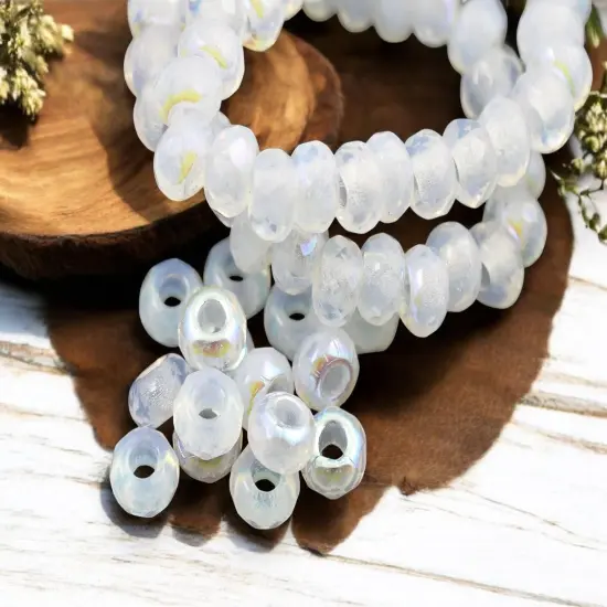 *25* 5x8mm White Opal AB Faceted Large Hole Rondelle Roller Beads {1}