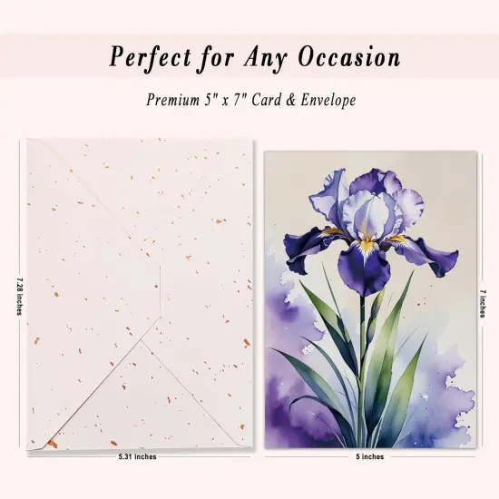 Blank Inside Greeting Card with Envelope for All Occasions, 5x7 Inch Elegant Watercolor Iris Card &ndash; Birthday, Sympathy, Thank You - Single Card {2}