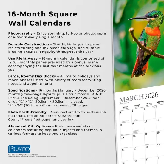 Hummingbirds | 2026 12 x 24 Inch (Hanging) Monthly Square Wall Calendar | Foil Stamped Cover {6}