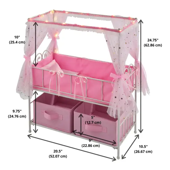 Badger Basket Starlights Metal Doll Crib with Canopy, Bedding, Storage and LED Lights - Pink/White/Stars {4}