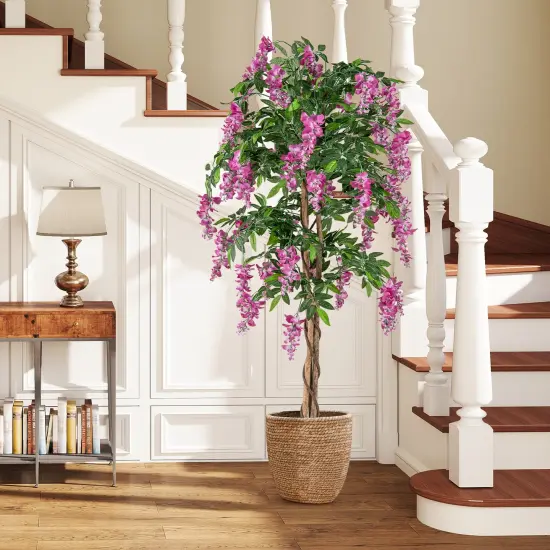 Rose Red Artificial Wisteria Tree with Real Wood Trunk and Cement Pot Perfect for Living Rooms or Bedrooms {6}