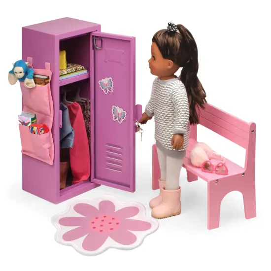 Badger Basket School Style Single Doll Locker Set with Bench, Rug and Accessories - Purple/Pink {5}