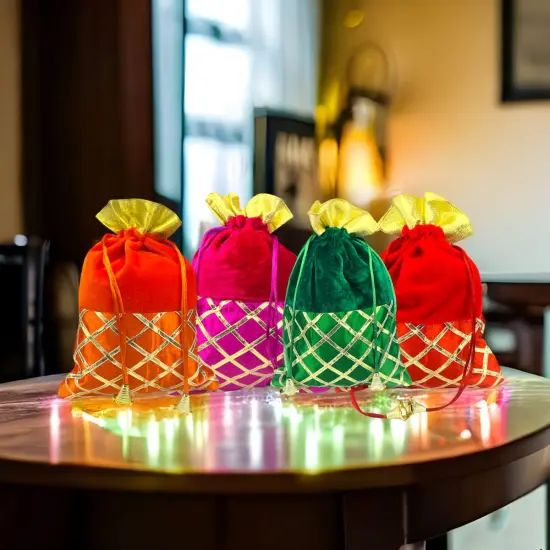 5 Potli Bags, Gifting Bags, Women Velvet Hand Bags, Wedding Return Gifts for Pooja Housewarming Favor Orange {3}