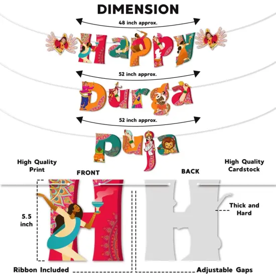 Happy Durga Puja Banner for Hindu Navratri Festival Celebration Bunting Diy Home Temple Indoor Outdoor Decoration Indian Party Supplies Durga Pooja Decor Ideas {3}