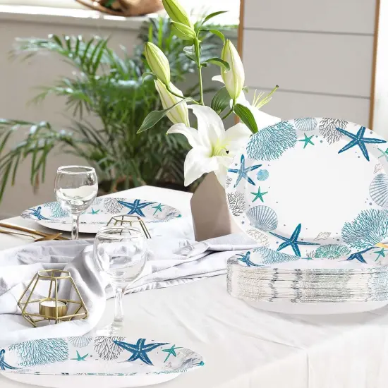50Pcs Ocean Oval Paper Plates 10" x 12" Large Disposable Heavy Duty Blue Coastal {5}