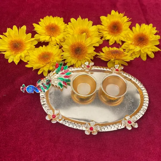 Pack of 6 Decorative Peacock Pooja Thali Gold Plated Indian Pooja Thali Haldi Kumkum Platter Ganesh Pooja Teej Diwali Favor Thali Stylish Temple Decor Gift {3}