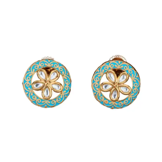 Indian Kundan Stud Earrings for Women - Kundan & Pearl Tassel Round Earrings, Small Tops Earring, Golden Tone Bollywood Style Dangle Earrings, Chandelier Jhumki Jewelry, Bridal Earrings, Gift for Her Aqua {1}