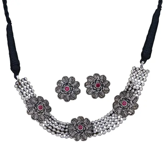 Indian Oxidized Jewelry Boho Tribal Jewelry Indian Long Necklace Bohemian Jewelry Afghani Tribal Tassel Long Ghungroo Necklace Earrings Set Choker Necklace Fashion Jewelry RUBY {1}