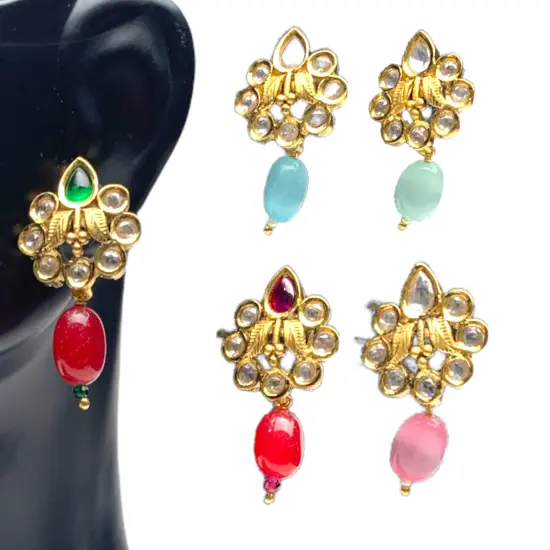 Indian Kundan Small Earrings for Women - Indian Traditional Small Jhumka Chandbali Kundan Stud Earrings in Gold & White Tone Bollywood Style Small Dangle Earrings for Women Bridal Jewellery Pink {3}