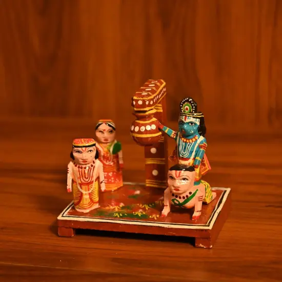 Wooden Krishna Makhan Chor Leela for Janmashtmi Golu Decoration Handpainted Kondapalli Krishna Set Show-piece for Home Temple Shelf Display Table Decor Gifting Item {3}