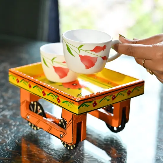 Wooden Trolley with Wheels Hand Painted Serving Tray Indian Decorative Platter for Snack Tea Home Kitchen Restaurant Table Decor Great Gift Idea {3}