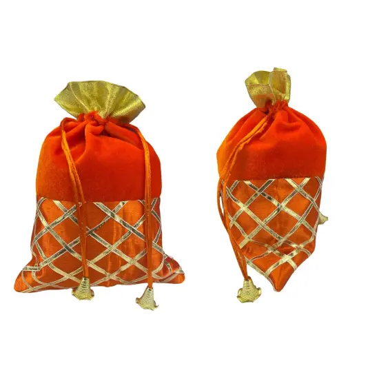 5 Potli Bags, Gifting Bags, Women Velvet Hand Bags, Wedding Return Gifts for Pooja Housewarming Favor Orange {1}