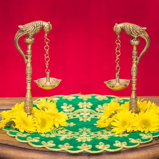 2 Pc Parrot Brass Oil Diya Kerala Samai Puja Diya Traditional 7.5 Inches Bird Pair Hanging Chain Oil Lamp Hindu Religious Kathu Vilakku Deepak for Home Temple Diwali Decor Housewarming Gift {5}