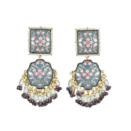 Oversized Indian Jhumka Earrings &ndash; Square Stud Jhumki, Ethnic Chandbali with Floral Print & Faux Pearls &ndash; Bollywood Dangle Jewelry for Women, Bride & Birthday Gift GREY {1}