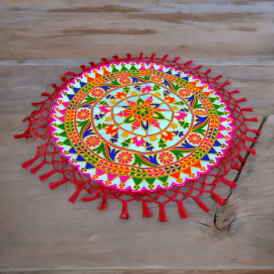 Handmade Indian Woolen Embroidery 2 Pcs Pooja Thali Cover Multipurpose Prasad Thal Posh Wedding Ceremony Decoration Puja Table Chowki Assan Kharwachuth Thali Cover Aasan Gift {7}