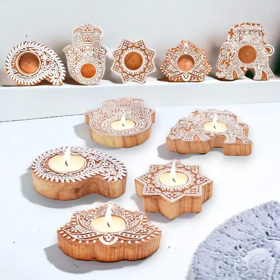 Wooden Block Print Tea Light Candle Holders for Diwali Handmade Tlight for Deepawali Decoration Items Designer Diya Deepam for Goddess Worship Housewarming Gifts (hamsa/paisley/star/lotus) {2}