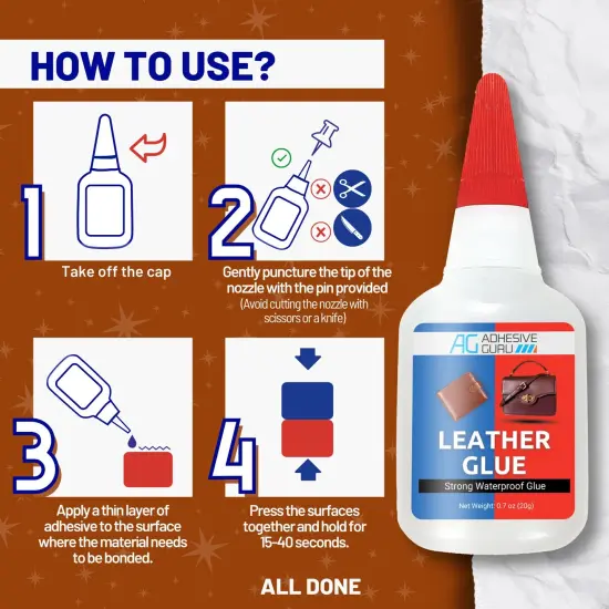 ADHESIVE GURU Leather Glue 0.7 oz &ndash; Clear, Fast-Setting Adhesive for Leather Repairs, Shoes, Bags & Furniture with Precision Tips {8}