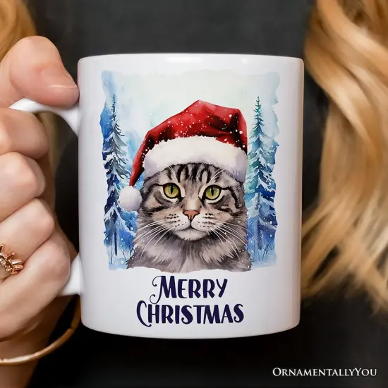 Tabby Cat with Santa Hat Mug, Winter Forest Christmas Gift {2}
