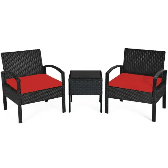 3 Pieces Outdoor Rattan Patio Conversation Set with Seat Cushions Turquoise {8}