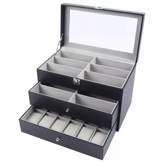 3 Layers Watch Box Jewelry Case 24 Slots Leather Display Storage Box Lockable {3}