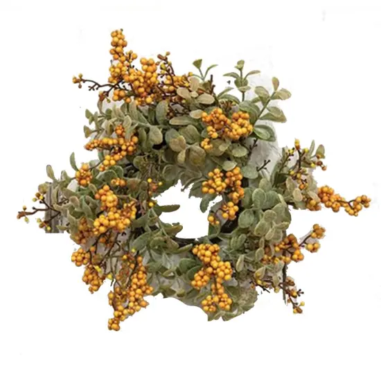 3" Mustard Pebble Creek Candle Ring with Foam Berries and Green Plastic Leaves {1}
