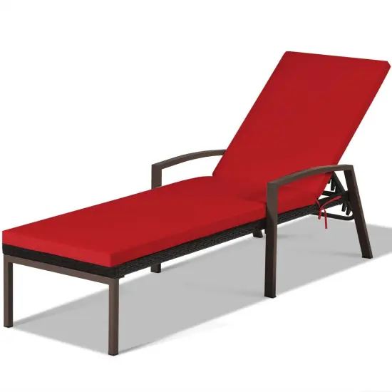Patio Rattan Lounge Chaise Recliner with Back Adjustable Cushioned Red {7}