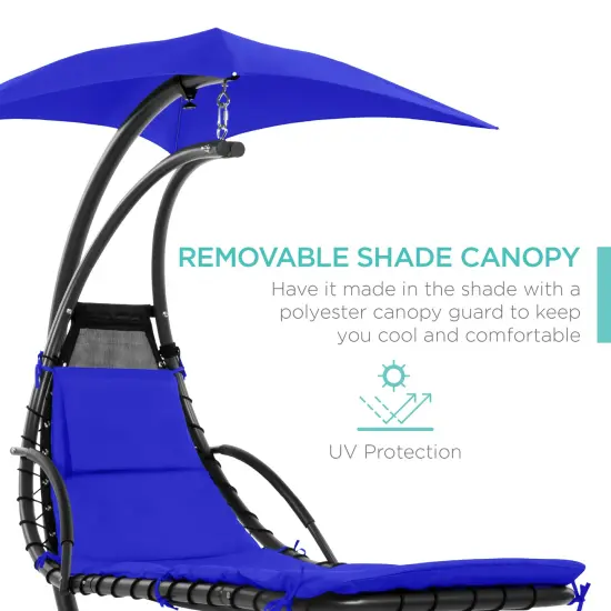 Best Choice Products Hanging Curved Chaise Lounge Chair Swing for Backyard, Patio w/ Pillow, Shade, Stand Resort Blue {3}