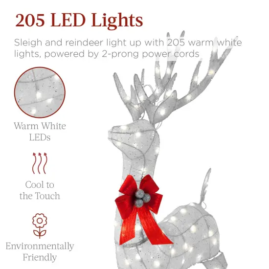 Best Choice Products Lighted Christmas 4ft Reindeer & Sleigh Outdoor Yard Decoration Set w/ 205 LED Lights, Stakes Silver - Large {4}