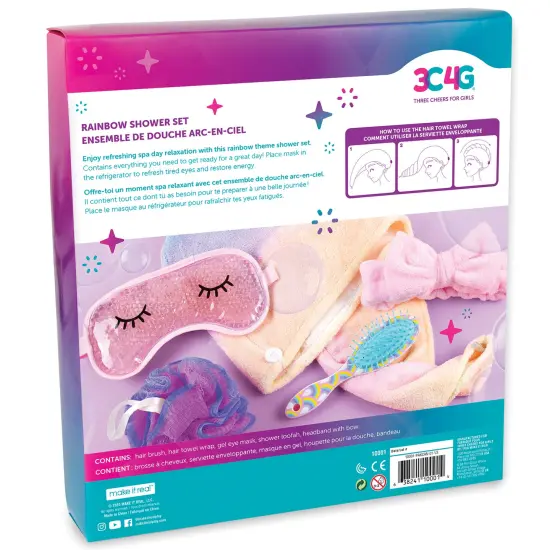 3C4G: Rainbow Shower Set - 5 Piece Set, Make It Real, Teens Tweens & Girls, Self-Care Set, Home Spa Experience, Includes: Loofah, Mask, Brush, Headband, & Towel Wrap, Three Cheers For Girls, Kids Ages 6+ {3}