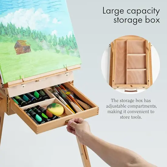 ARTIFY French Easel, Foldable Portable Art Field Easel with Artist Drawer, Palette, Hold Canvas up to 34", Adjustable Beechwood Sketchebox Easel for Painting {6}