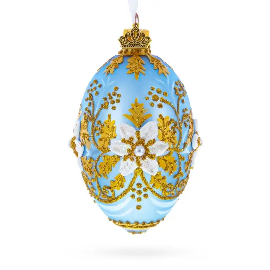 Blue and Gold Embossed Floral Glass Egg Ornament 4 Inches {1}