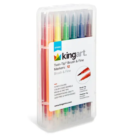 KINGART&reg; Twin-Tip&trade; Brush & Fine Markers, Set of 12 Unique Colors {1}