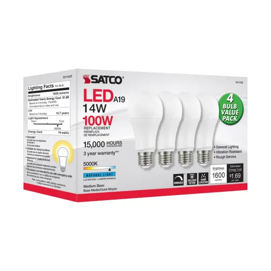 4Pk - Satco 14w 120v A19 LED E26 Medium Base 5000k Natural Light - 100w equiv {1}