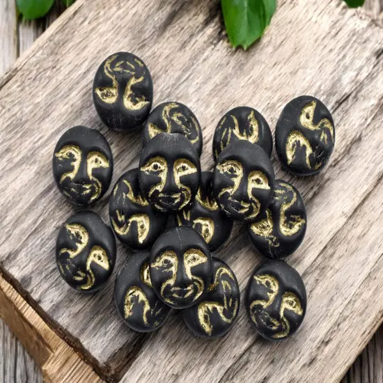 *15* 13mm Gold Washed Matte Jet Black Moon Face Coin Beads {1}