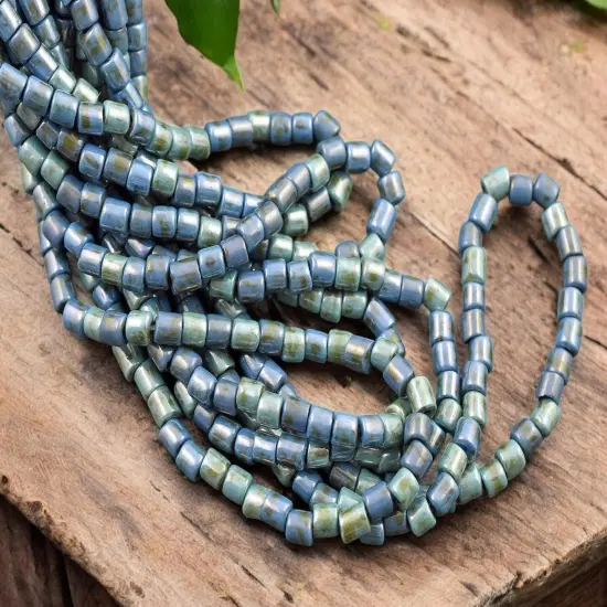 6/0 Aged Turquoise Alabaster Picasso Bugle Beads (20" Strand) {4}