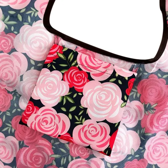 Wrapables Foldable Tote Nylon Reusable Grocery Bag (Set of 2), Pink Roses {5}