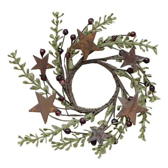 Rosehip and Herb Candle Ring with Burgundy Berries Rusty Stars for Country and Rustic Decor {1}