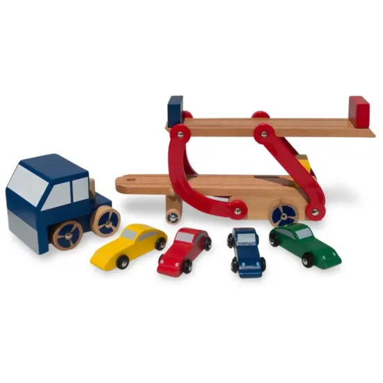 Set of Wooden Truck with Trailer and 4 Cars {1}