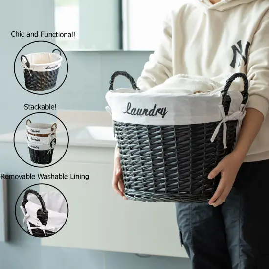 Wickerwise Handwoven Laundry Basket with Liner & Handles - Boho Decorative Storage Hamper for Clothes Blankets Pillows and Towels - Ideal for Laundry Room Bathroom Bedroom and Living Room Black {5}