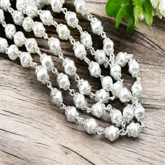 6mm Czech Glass White Baroque Pearl Chain w/ Bright Silver Caps -- Sold by the foot {2}