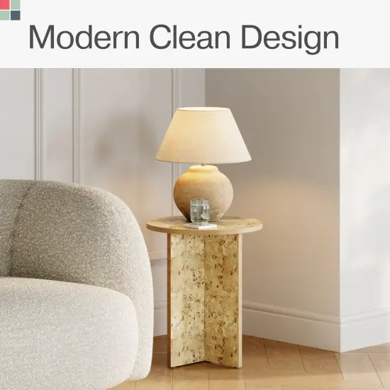 Round Burl Wood Side Table - Modern Home, Bedroom, and Living Room Furniture - Wooden Nightstand - 16 Inch End Desk - Small Wooden Accent Table - Solid Base and Wood Grain Veneer Finish (Burl) {3}