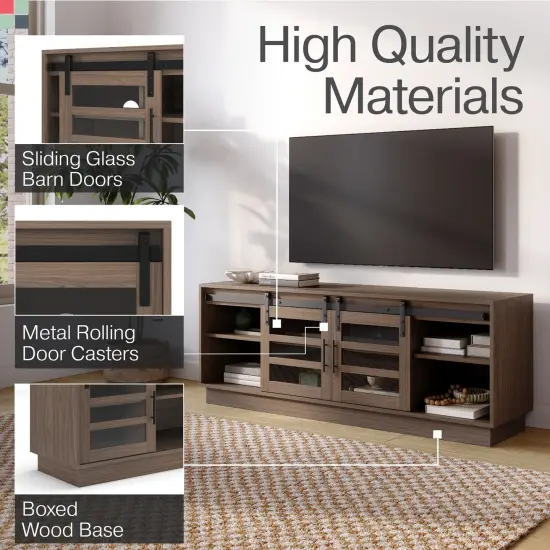 Stead Modern Farmhouse TV Stand, Media Console with Sliding Glass Doors, 58&rdquo; Entertainment Center with Storage, Barn Door TV Stand for Living Room and Bedrooms, Supports 32 to 65" TVs (Driftwood) {3}
