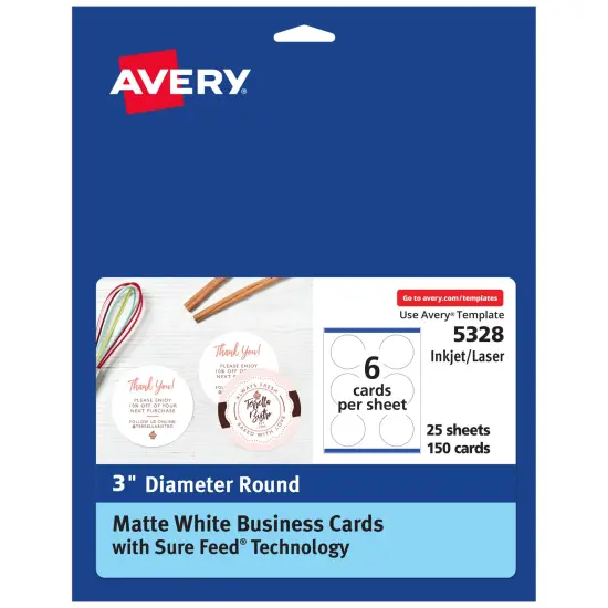 Avery Round Business Cards with Sure Feed Technology, 3" Diameter, Matte White, 150 Round Cards Total, Print-to-the-Edge, Laser/Inkjet Printable Cards (5328) {1}