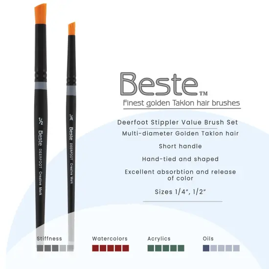 Creative Mark Beste Golden Taklon Deerfoot Stippler Set of 2 Artist Paint Brush, Professional Watercolor Brushes, For Acrylic Painting, Short Handle, Sharp Edges, Hand-Tied & Shaped {3}