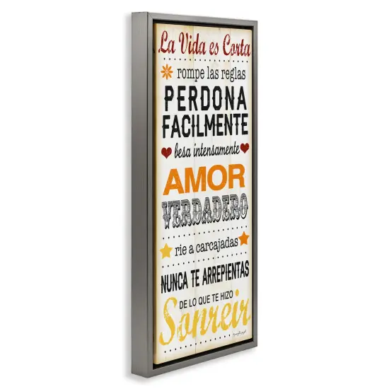 Stupell Industries La Vida es Corta Framed Floater Canvas Wall Art Gray Floater Frame {3}