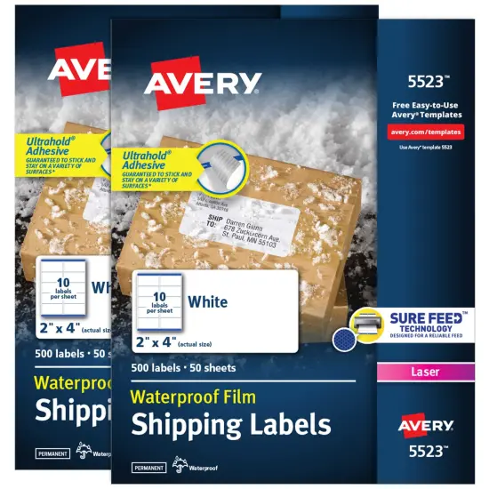 Avery Waterproof Labels with Ultrahold Permanent Adhesive, 2" x 4", Laser, 2-Pack, 1,000 Labels Total (25523) {1}