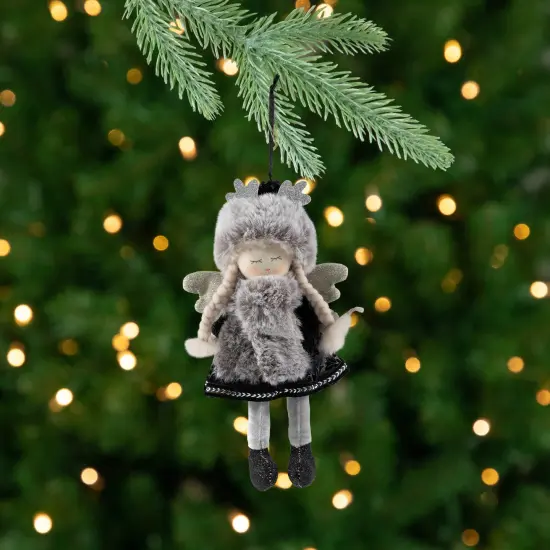 Northlight Plush Winter Angel Girl Hanging Christmas Ornament - 8.5" - Gray and Black {1}