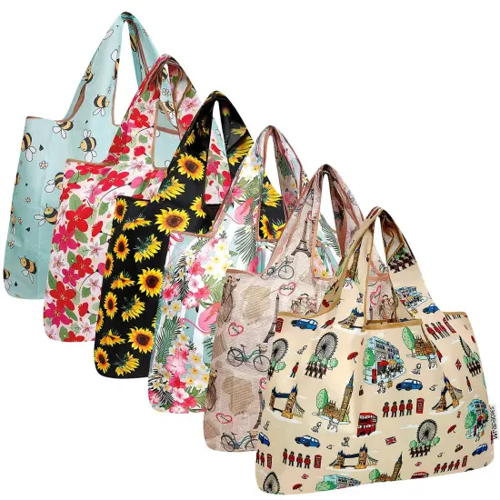 Wrapables Large Foldable Tote Nylon Reusable Grocery Bags, 6 Pack, Botanical Serenity {1}